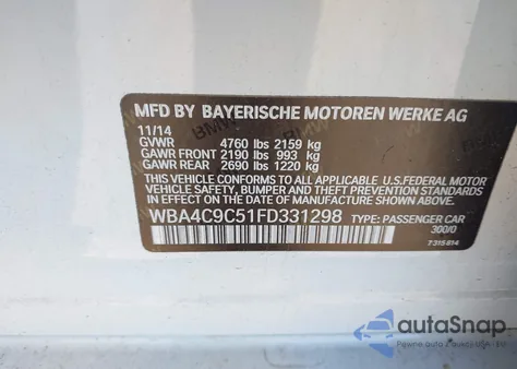 2015 BMW 428 Gran Coupe xDrive z USA, uszkodzony, nr VIN WBA4C9C51FD331298